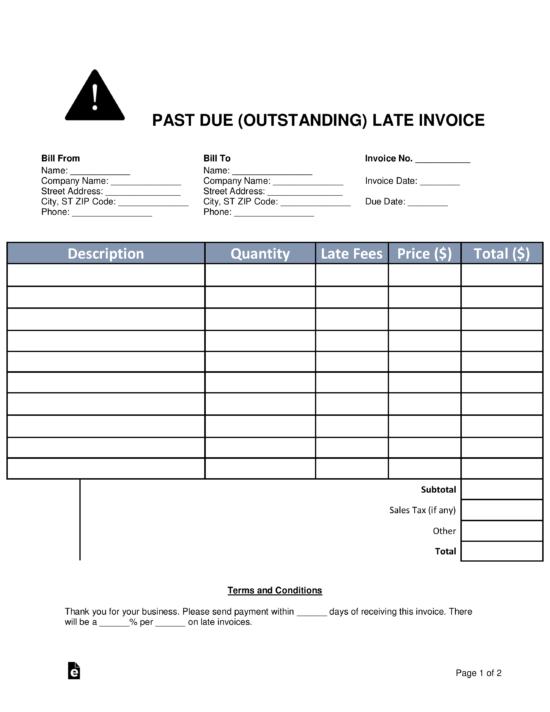 Free Past Due Outstanding Late Invoice PDF Word EForms