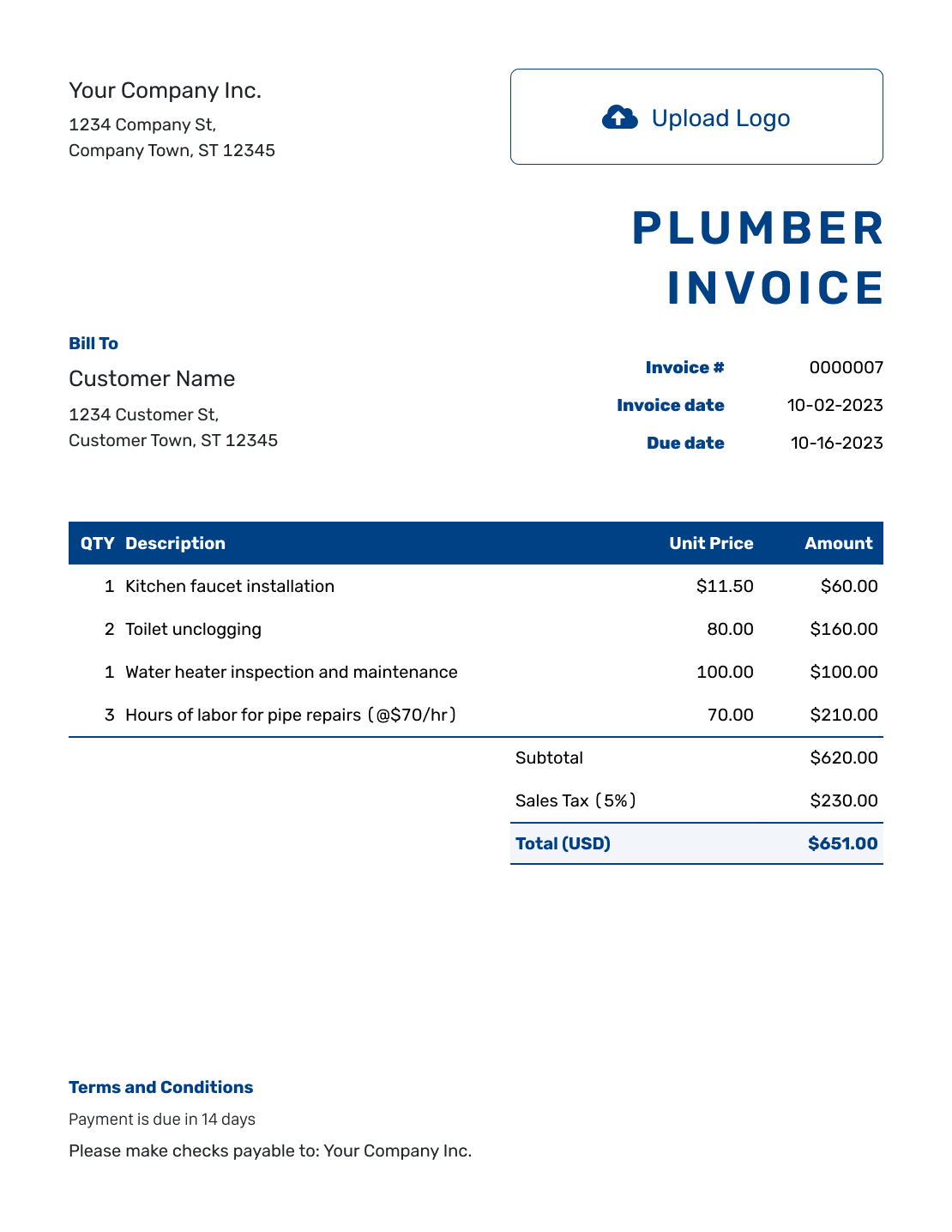 Free Plumber Invoice Template Docelf