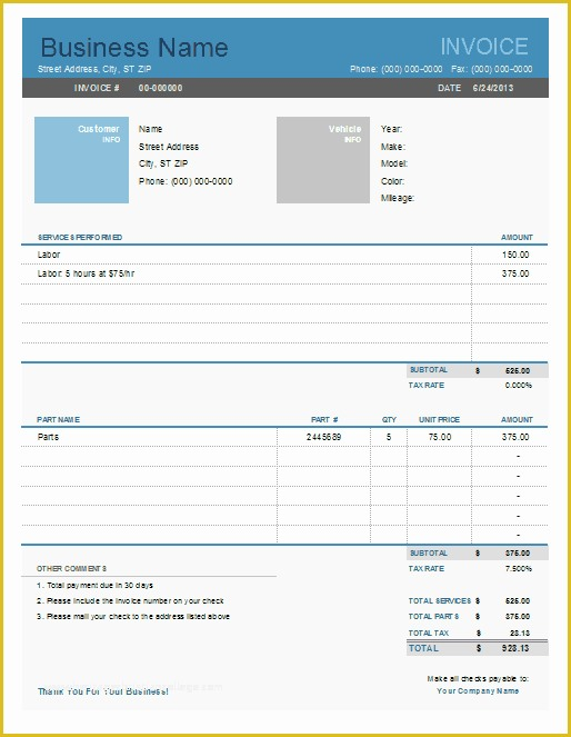 Free Printable Auto Repair Invoice Template Of Auto Repair Invoice 