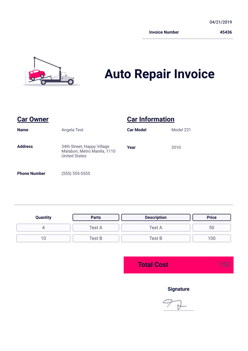 Free Printable Auto Repair Invoice Template Printables Template Free