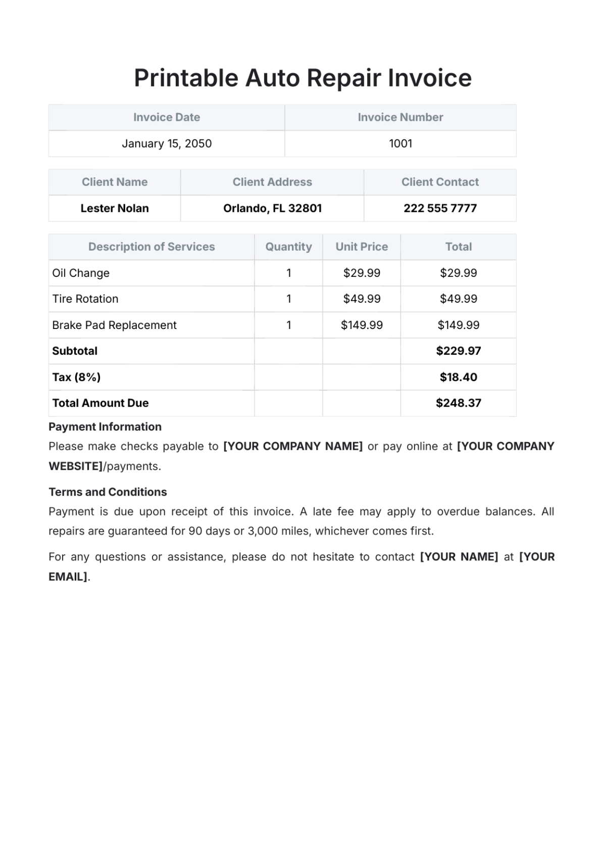 Free Printable Auto Repair Invoice Template To Edit Online