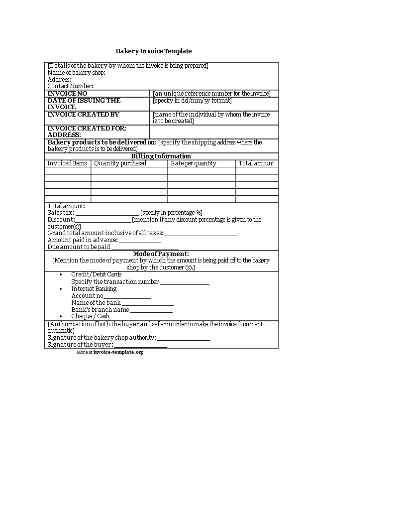 Free Printable Bakery Invoice Template