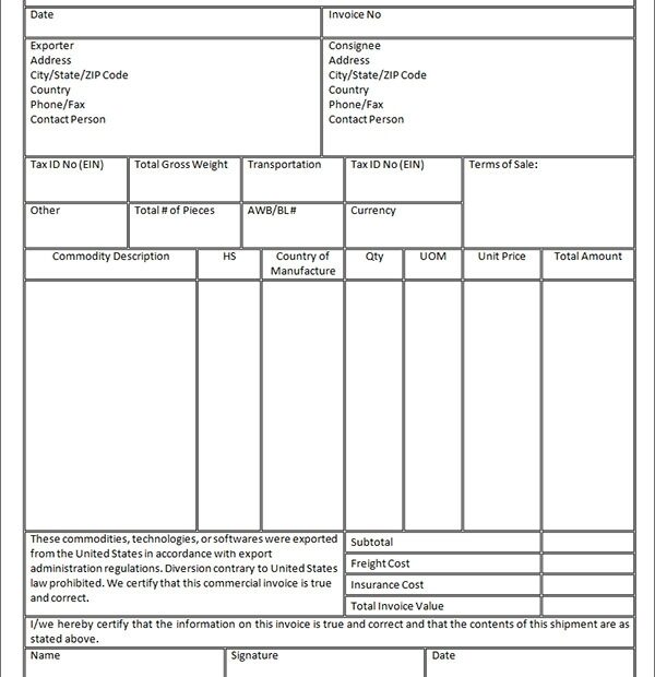 Free Printable Commercial Invoice Form Printable Form 2024