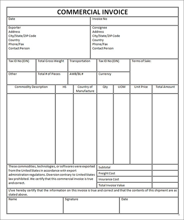 Free Printable Commercial Invoice Form Printable Form 2024