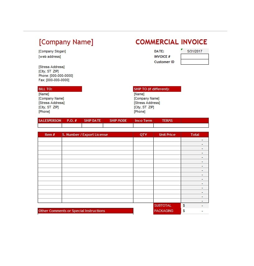 Free Printable Commercial Invoice Template Plumasse