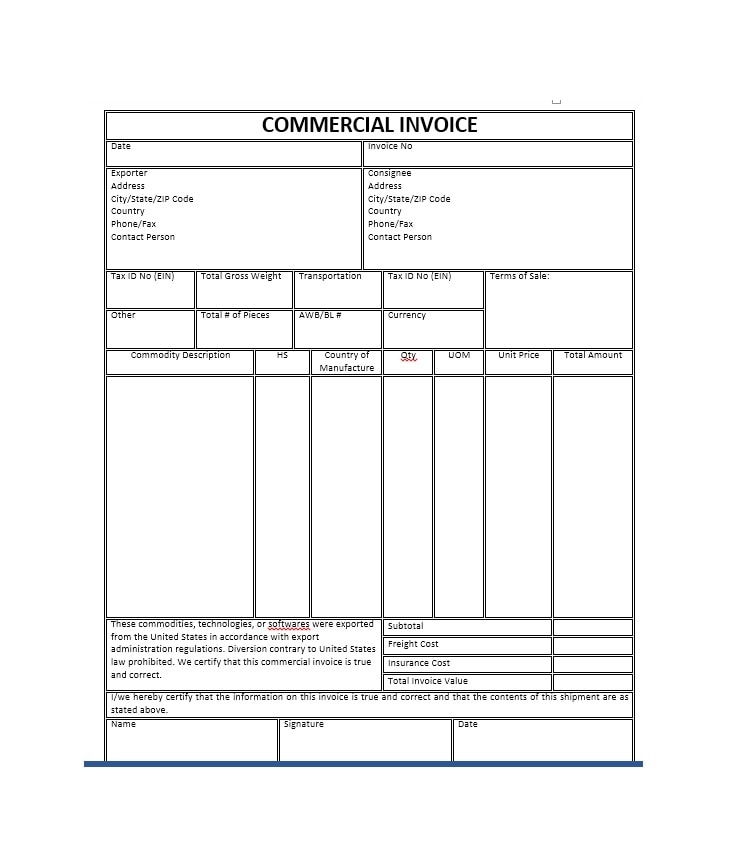 Free Printable Commercial Invoice Template Printable Templates