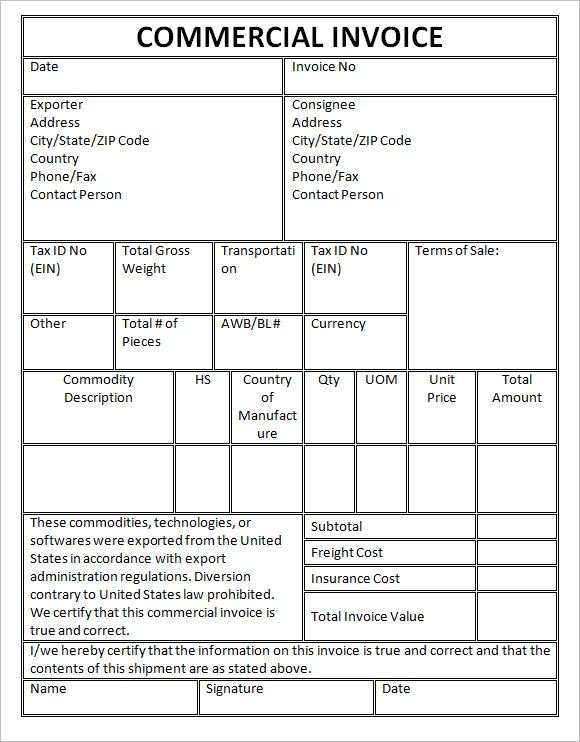 Free Printable Commercial Invoice Template Zenmery