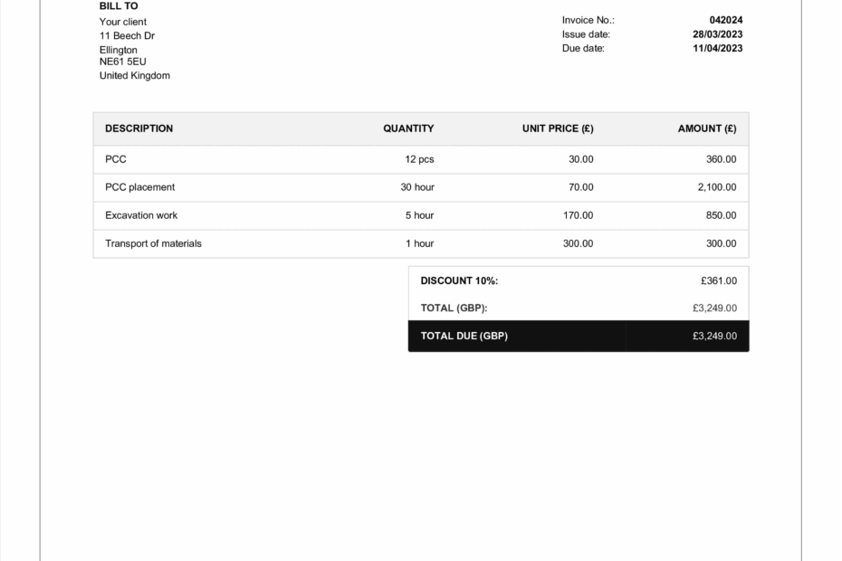 Free Printable Construction Invoice Template