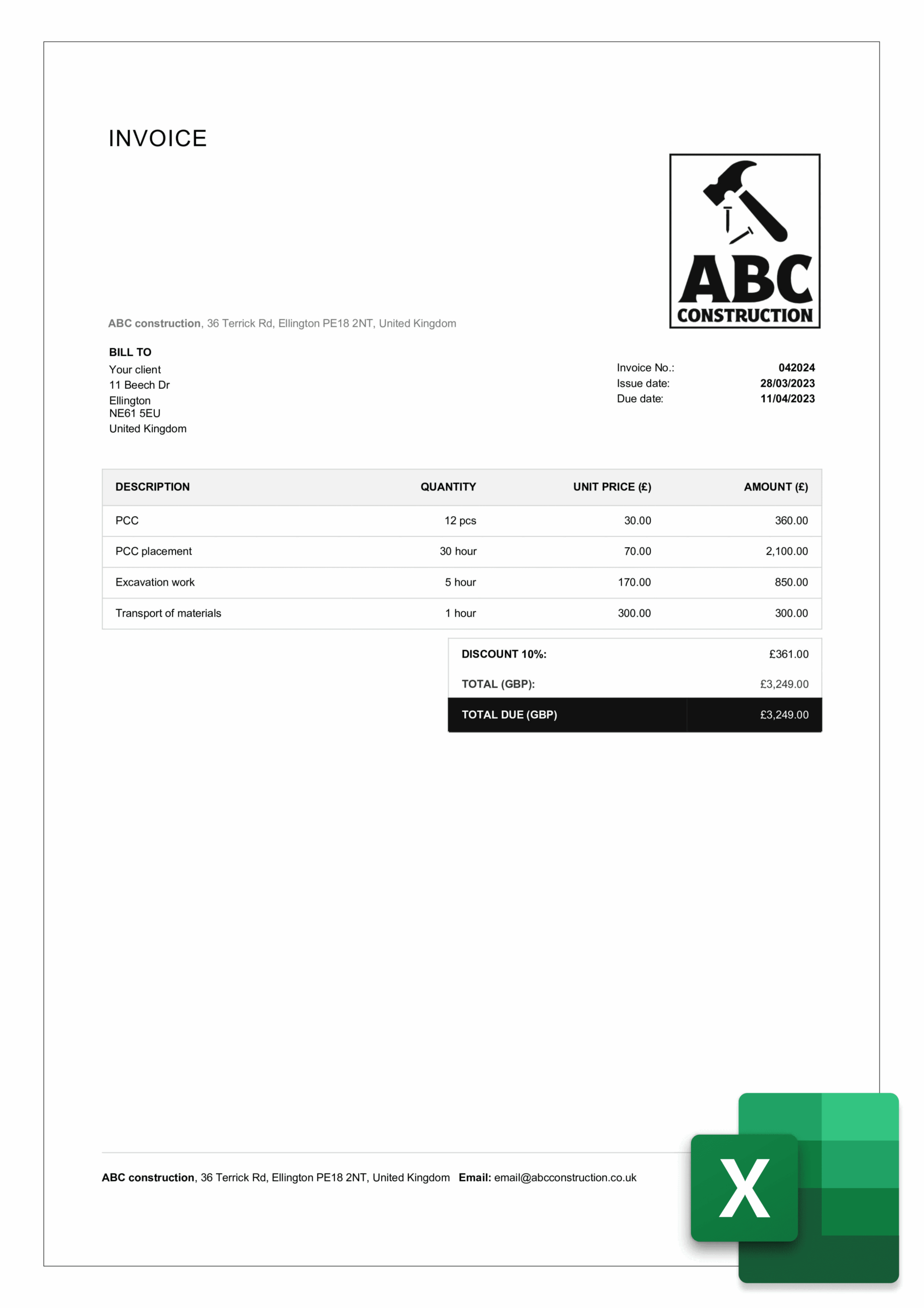 Free Printable Construction Invoice Template
