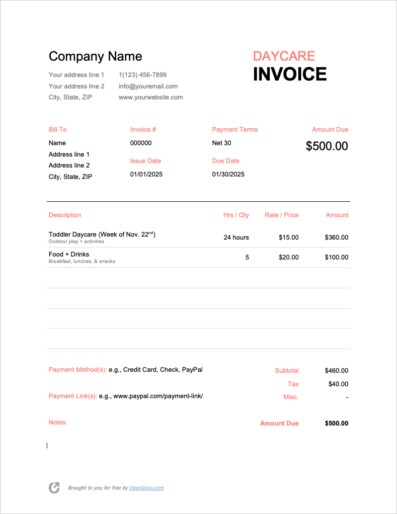 Free Printable Daycare Invoice Template Fillable Form 2024