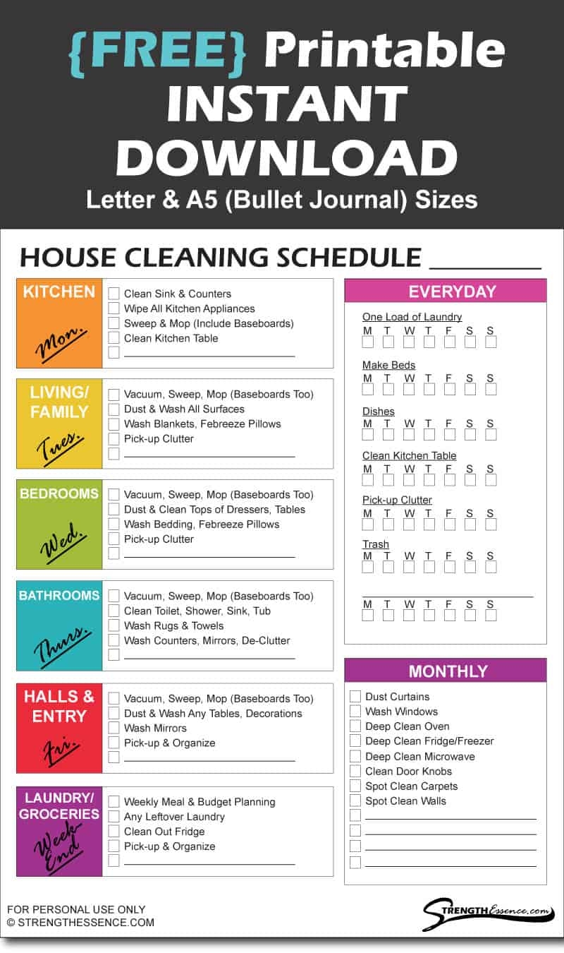 Free printable house cleaning schedule template Strength Essence