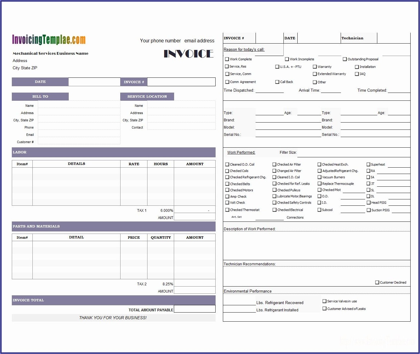Free Printable Hvac Invoice Template Mathfiln