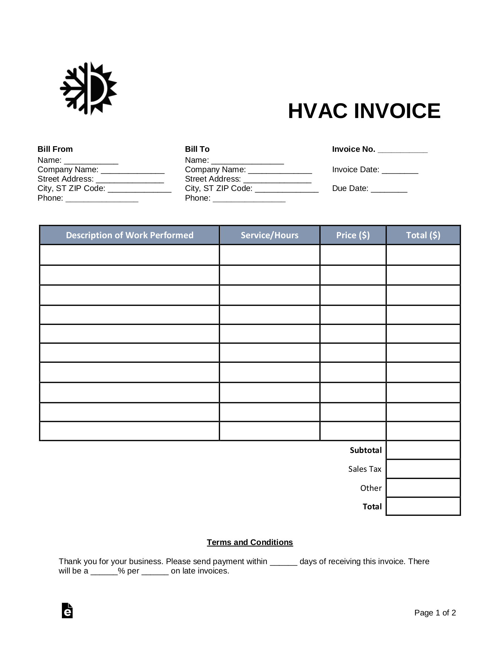 Free Printable Hvac Invoice Template Printable Templates