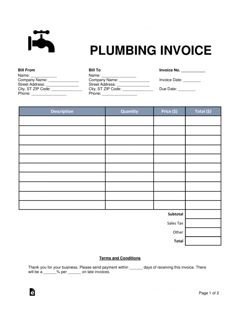 Free Printable Plumbing Invoice Printable Blank World