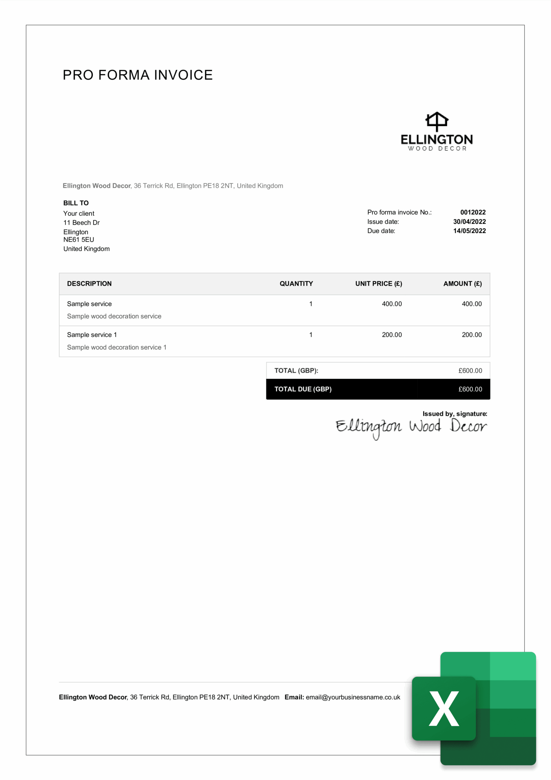 Free Proforma Excel Invoice Template Download Billdu