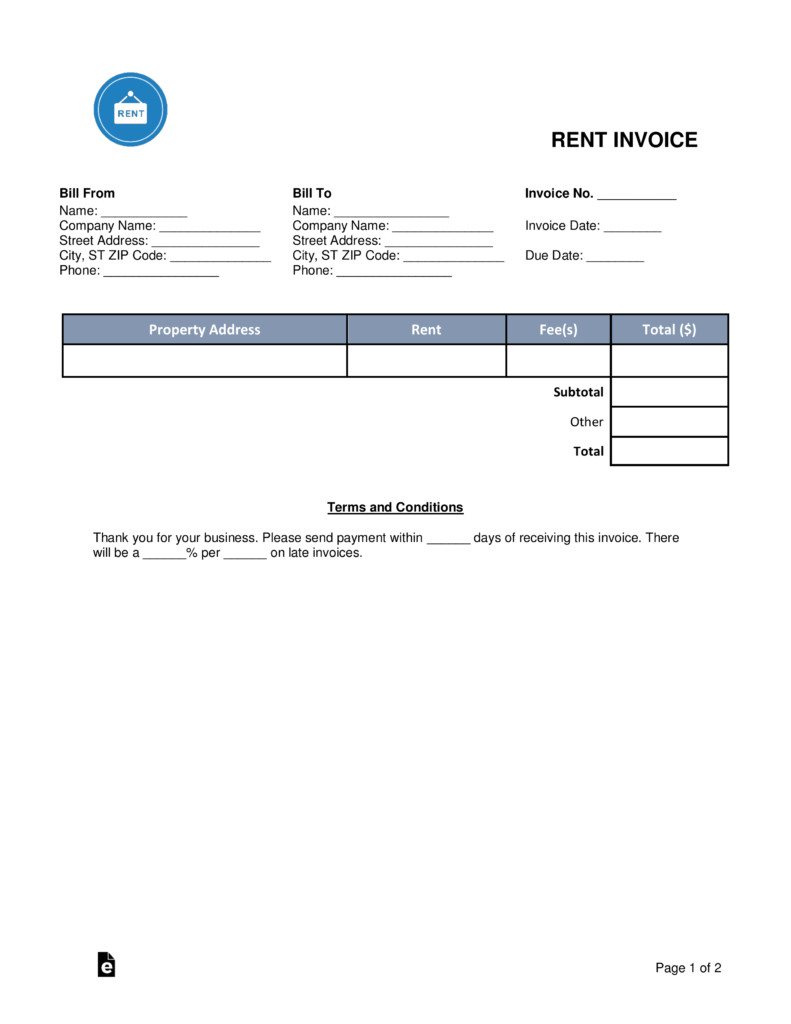 Free Rental Monthly Rent Invoice Template PDF Word EForms