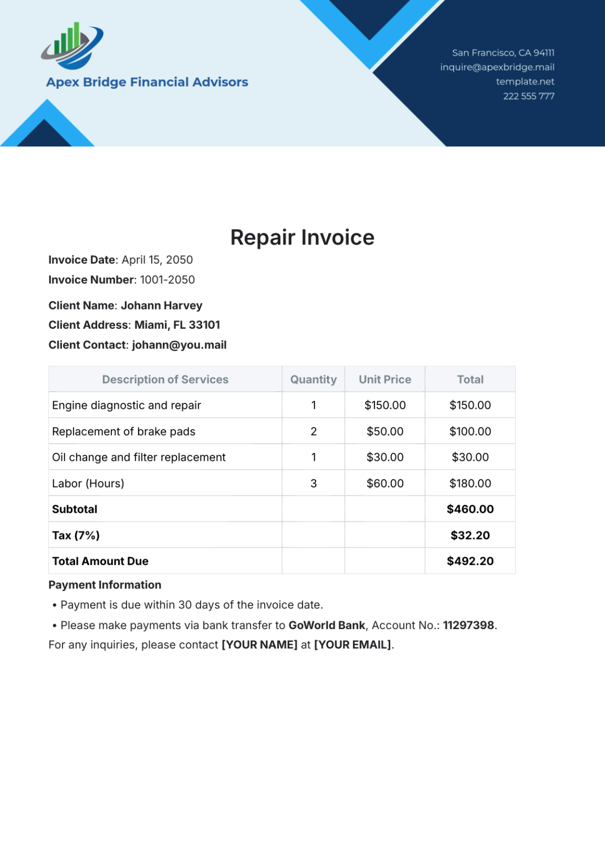 Free Repair Invoice Template To Edit Online