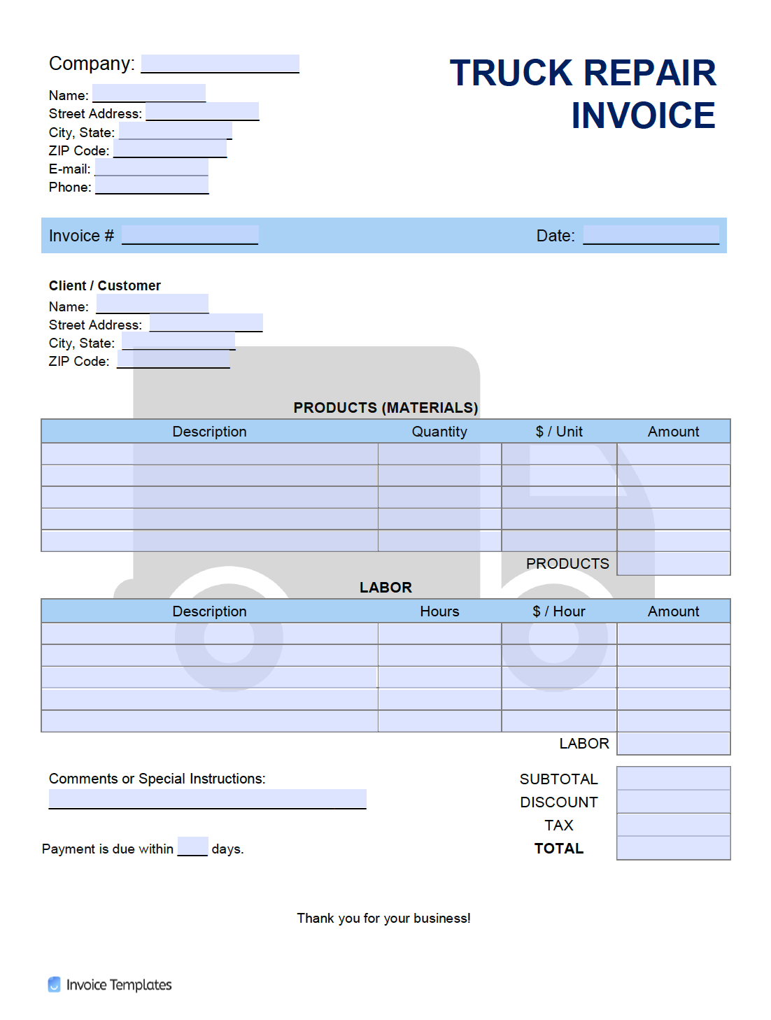 Free Truck Repair Invoice Template PDF WORD EXCEL Printable Templates 