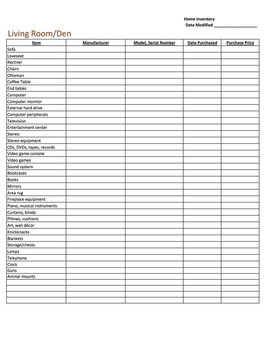 Household Inventory Form Printable Printable Forms Free Online