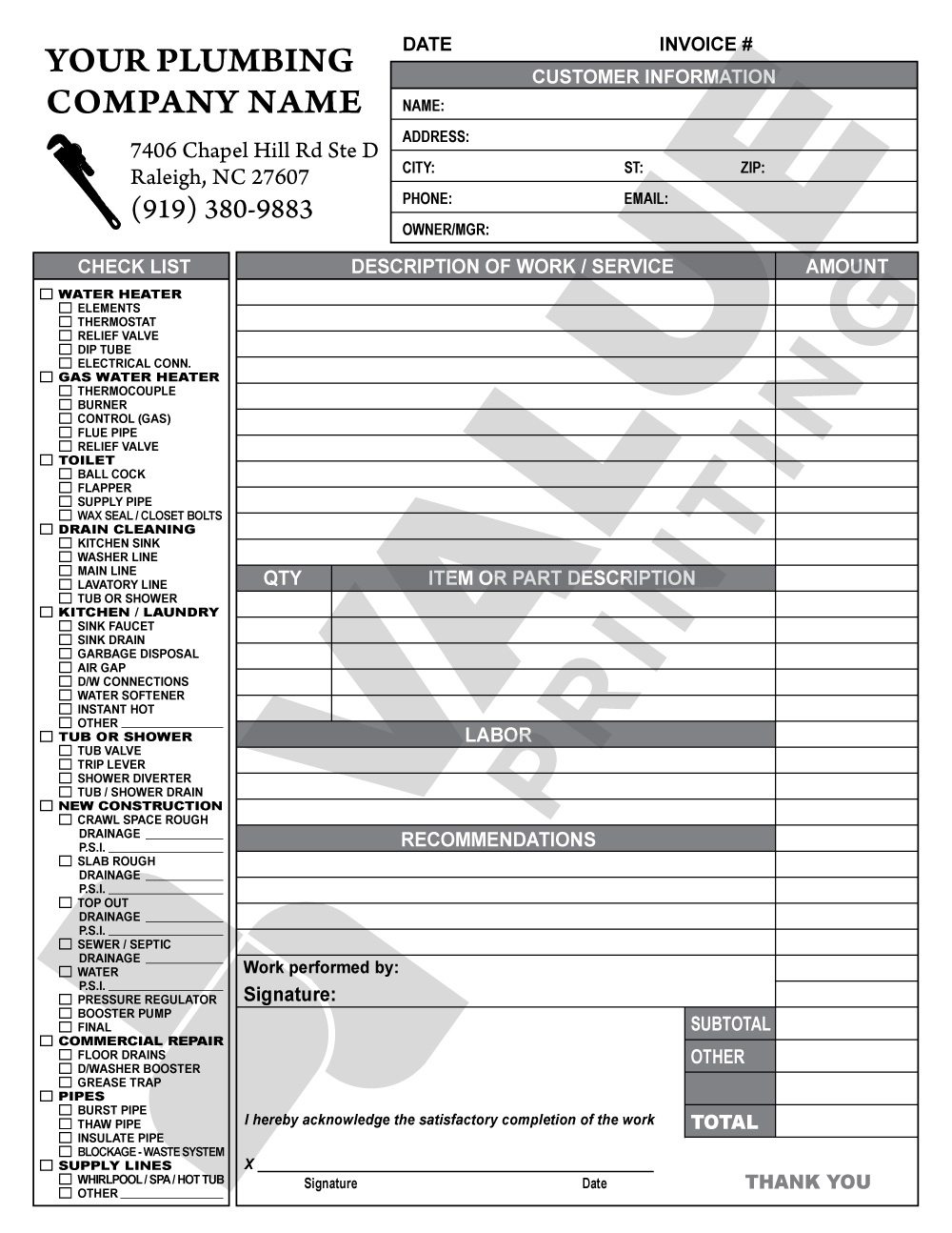 HV 1025 Plumbing Work Order Invoice Value Printing