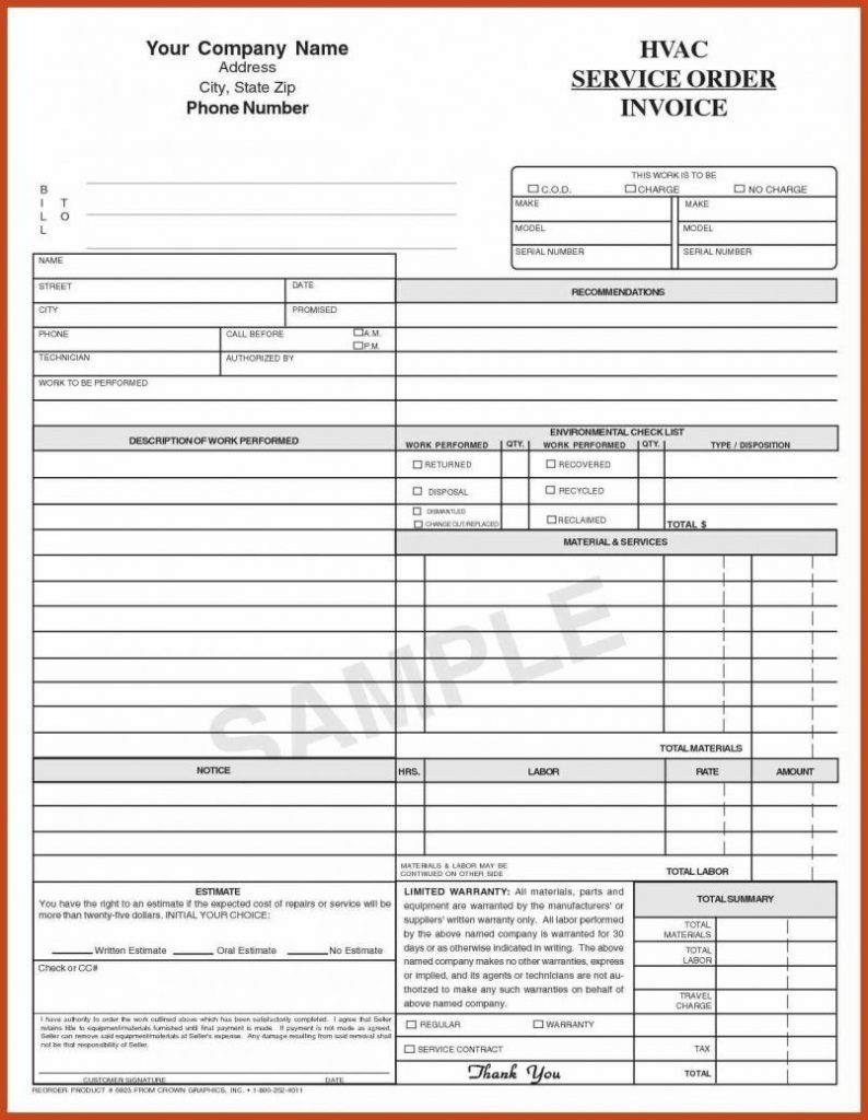 Hvac Service Order Invoice Template Und Free Printable Hvac Invoices 