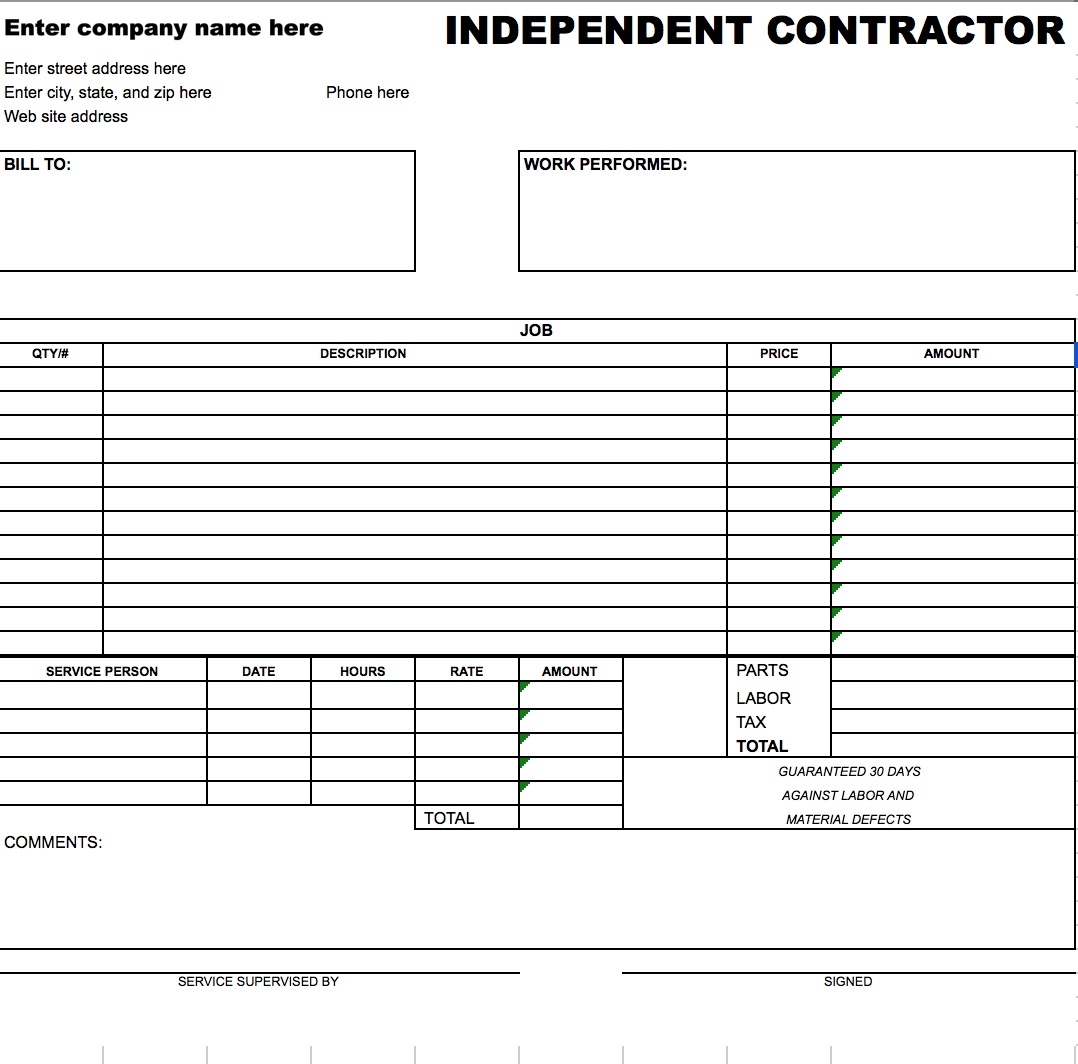 Independent Contractor Invoice Template Excel Printable Receipt Template