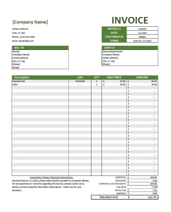 Invoice Template excel Editable Printable Etsy