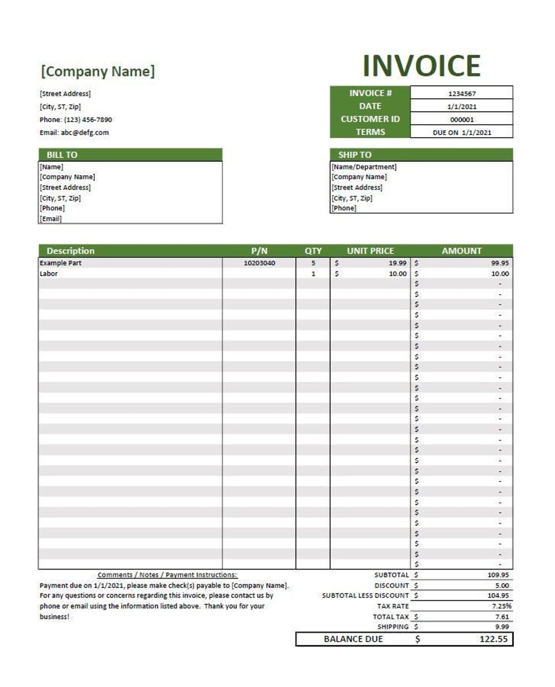 Invoice Template excel Editable Printable Etsy