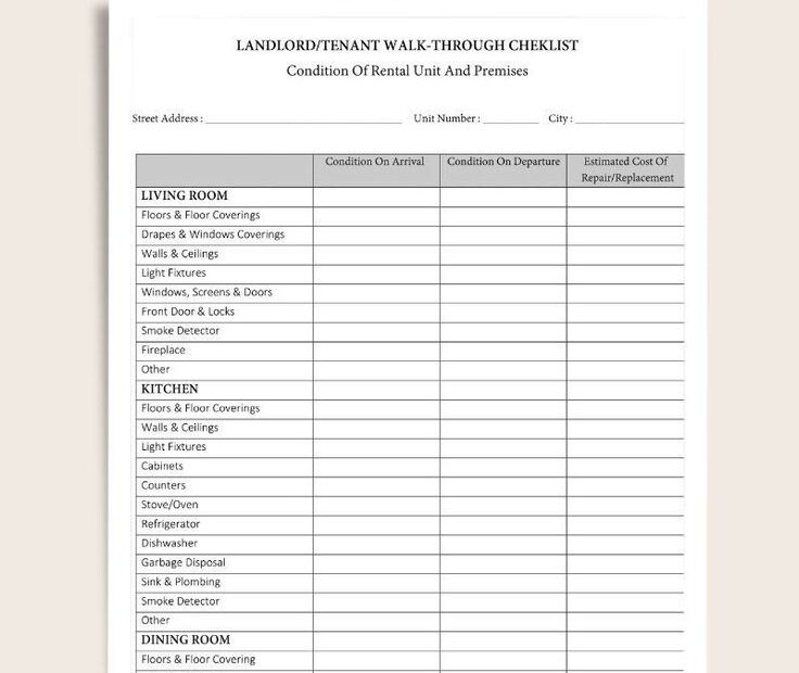 Landlord Tenant Walkthrough Checklist Printable PDF File Editable