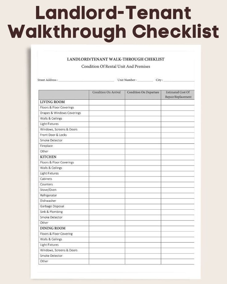 Landlord Tenant Walkthrough Checklist Printable PDF File Editable 