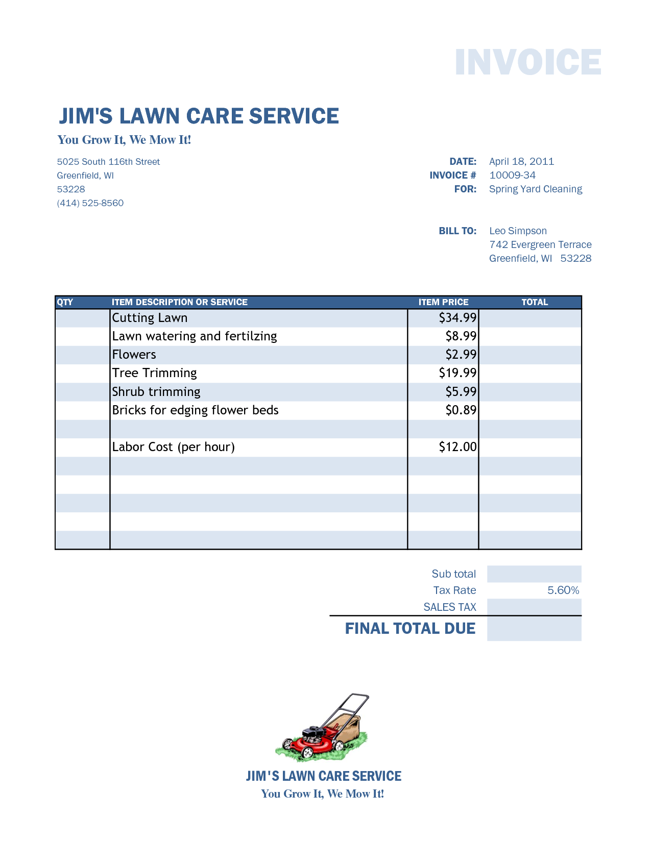 Lawn care invoice template pdf Db excel