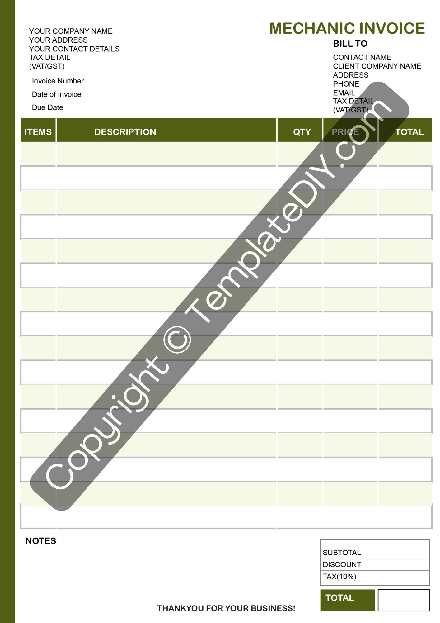 Mechanic Invoice Printable Template In PDF Word Excel