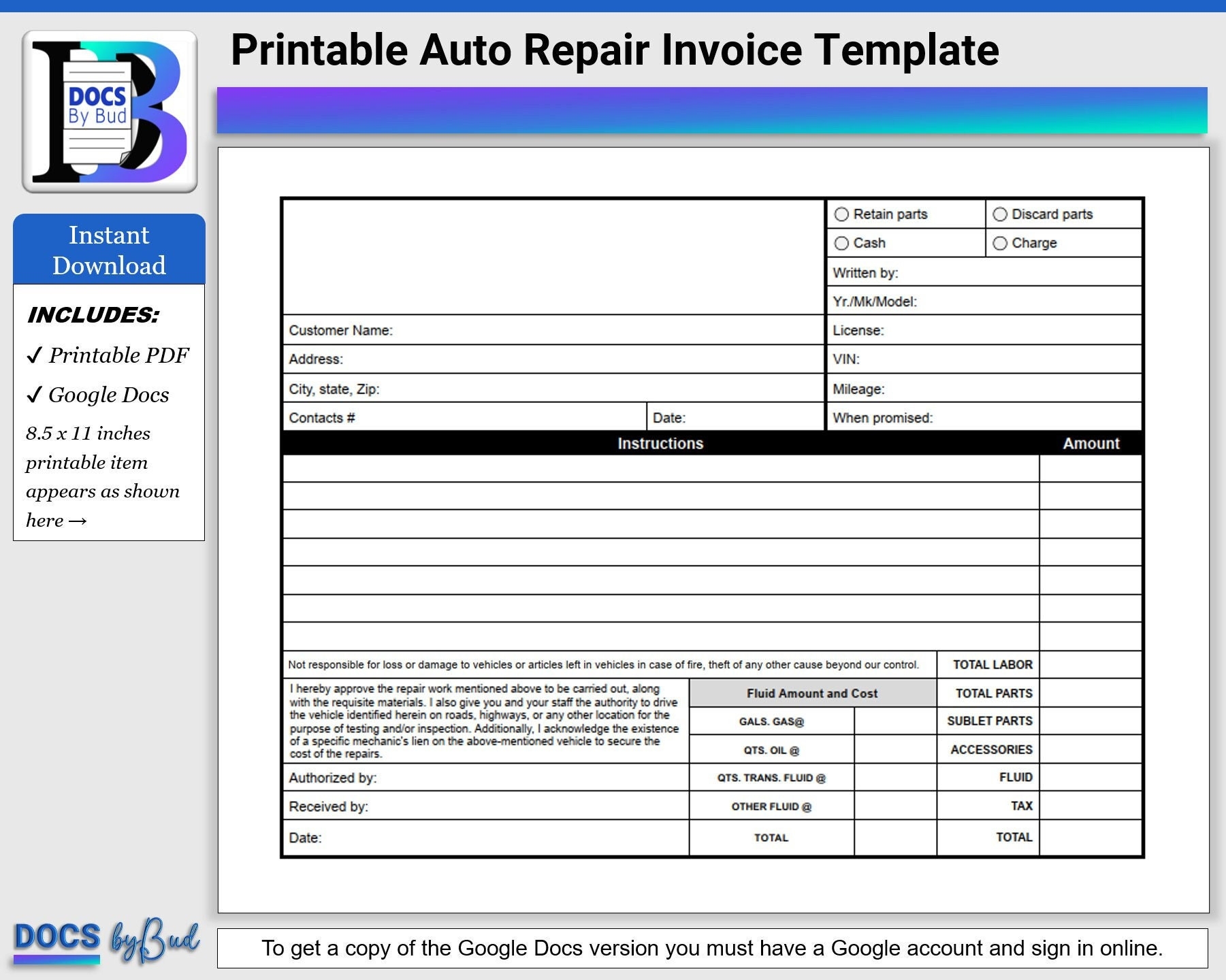 Mechanic Shop Invoice Template