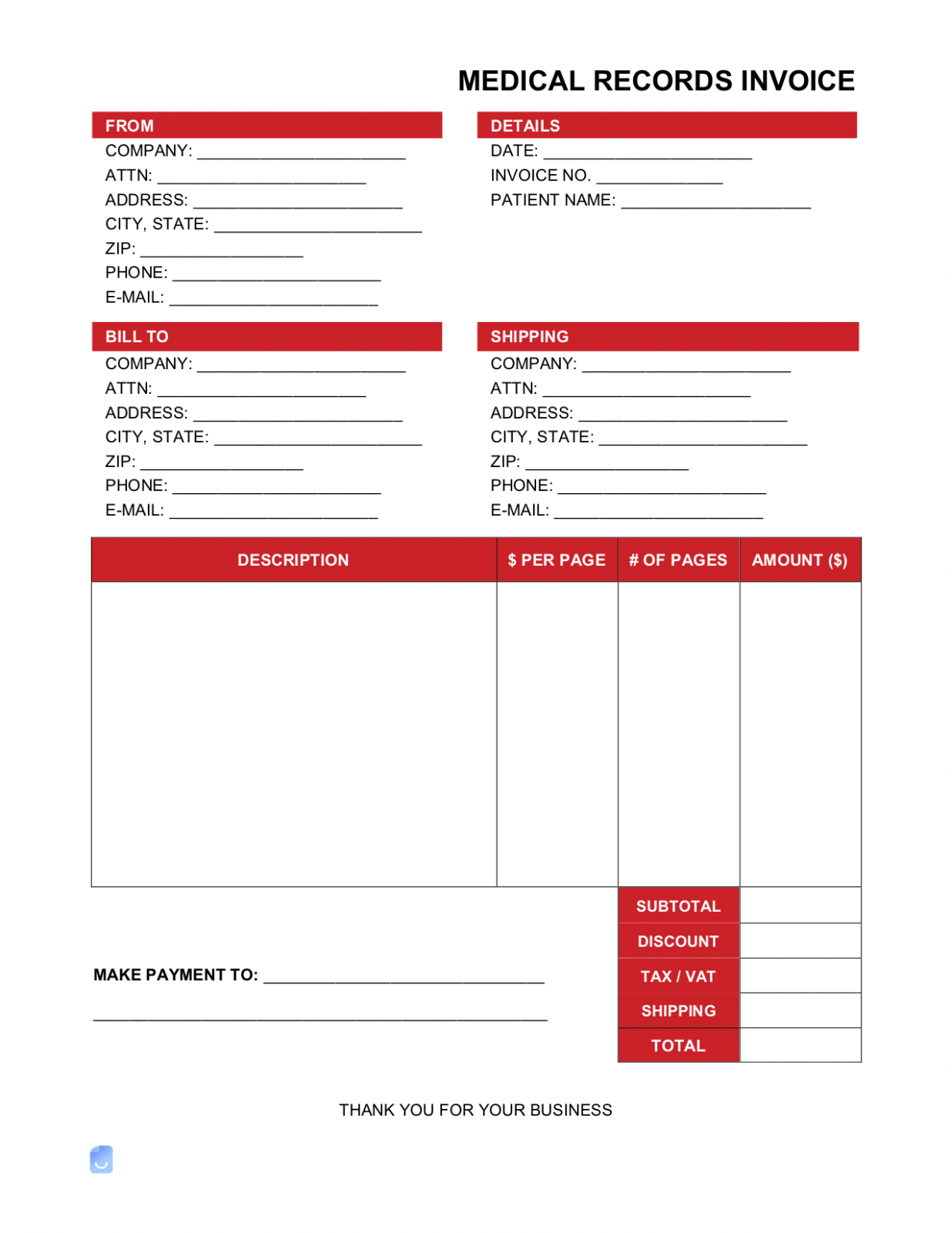 Medical Records Fee Invoice Template