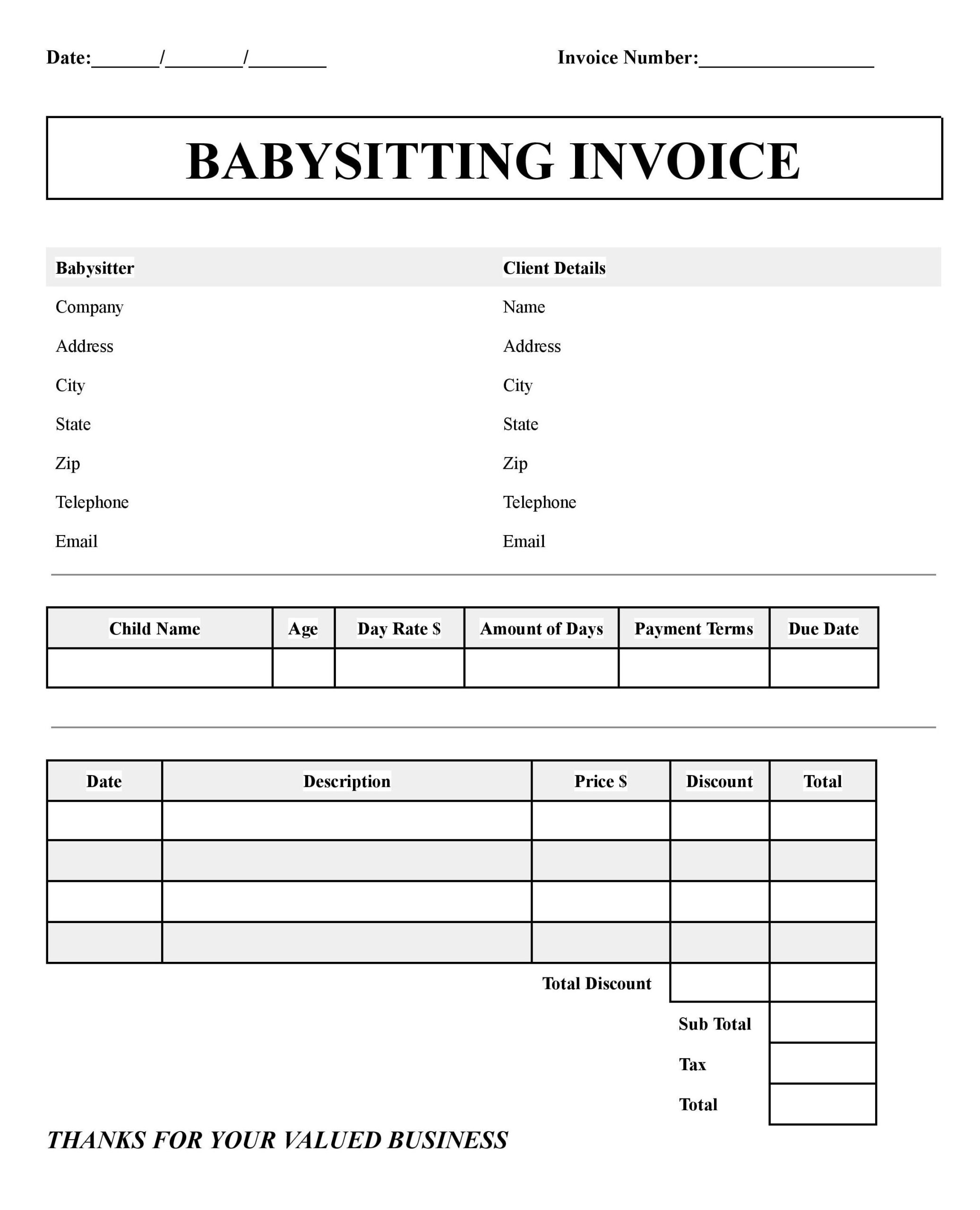 Printable Babysitting Invoice Template
