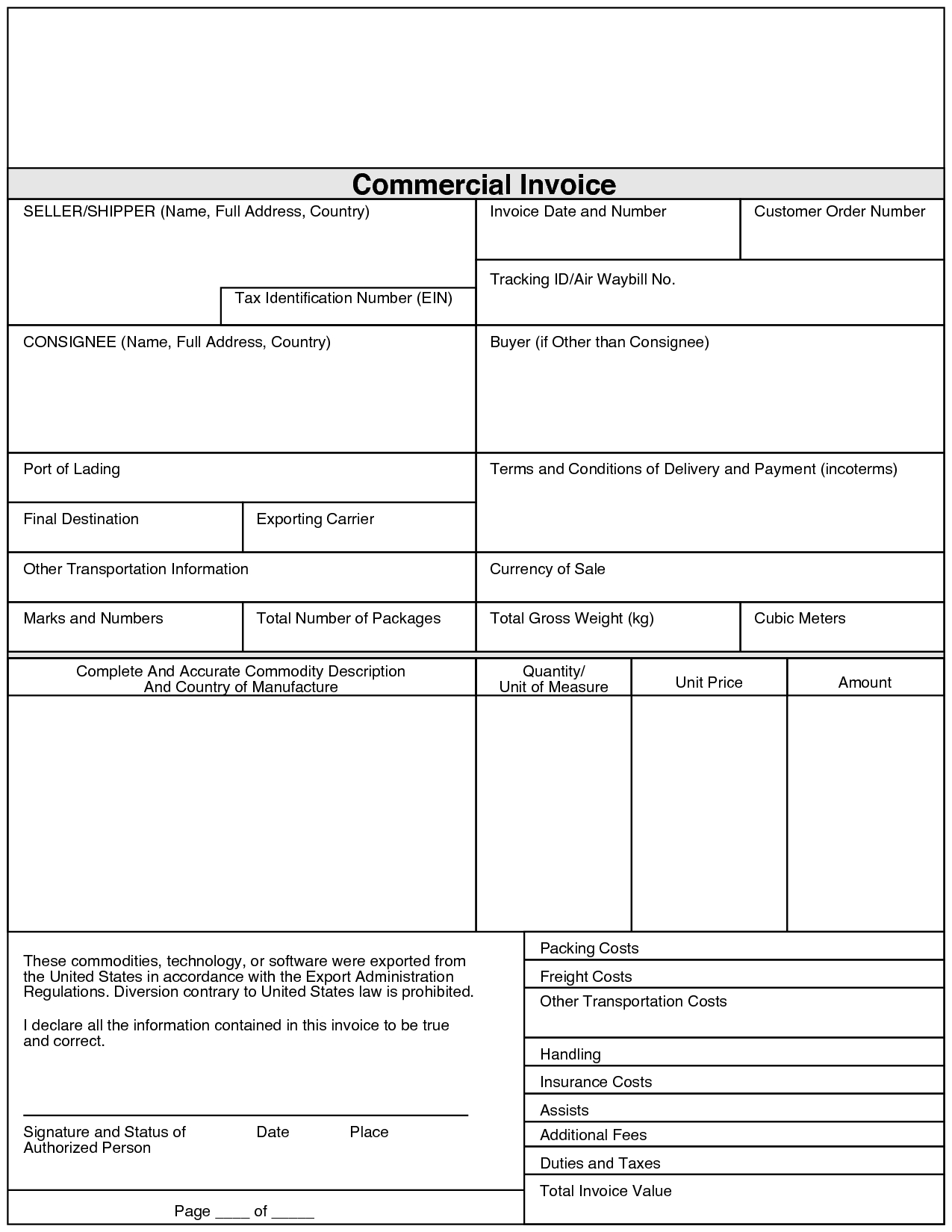 Printable Commercial Invoice Form Printable Forms Free Online