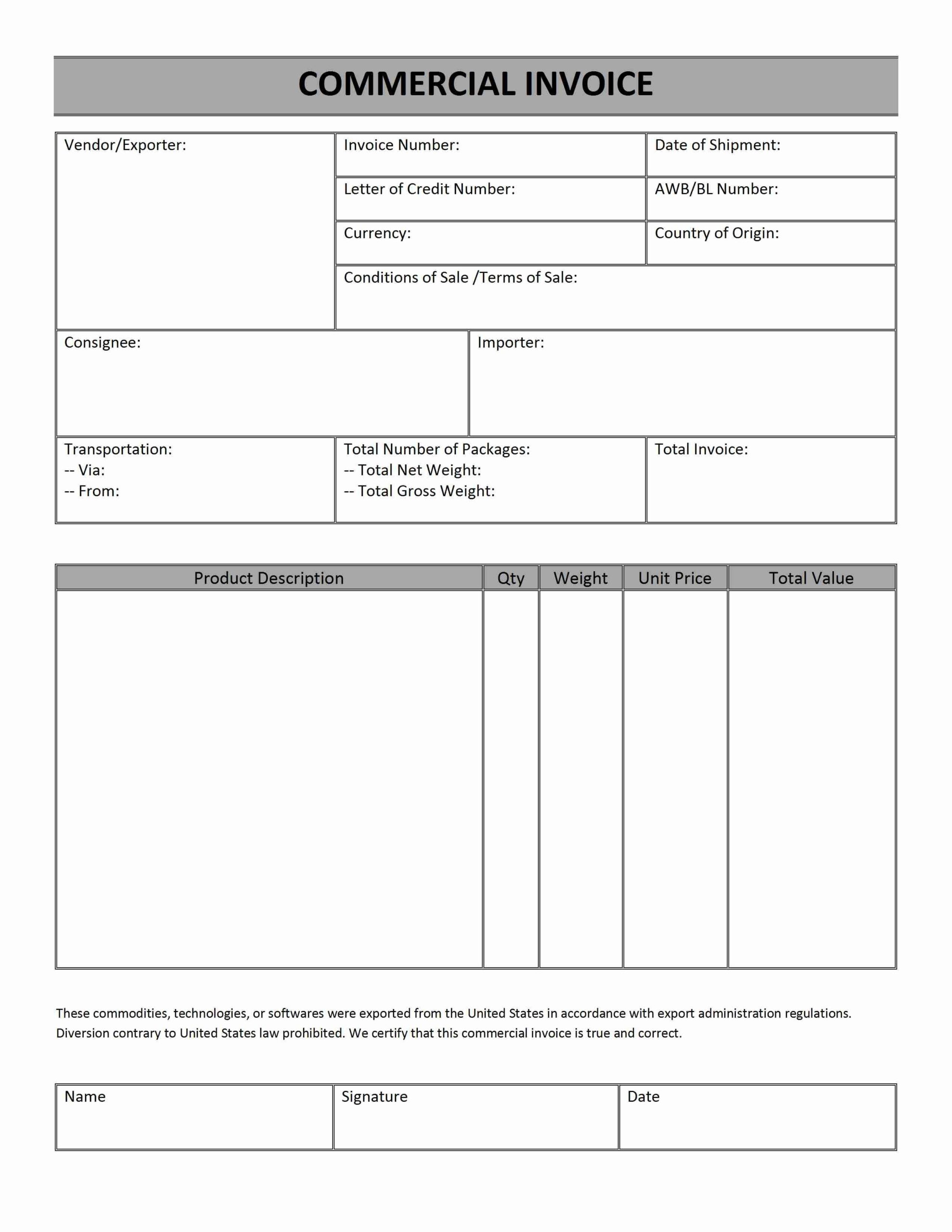 Printable Commercial Invoice Form Printable Forms Free Online
