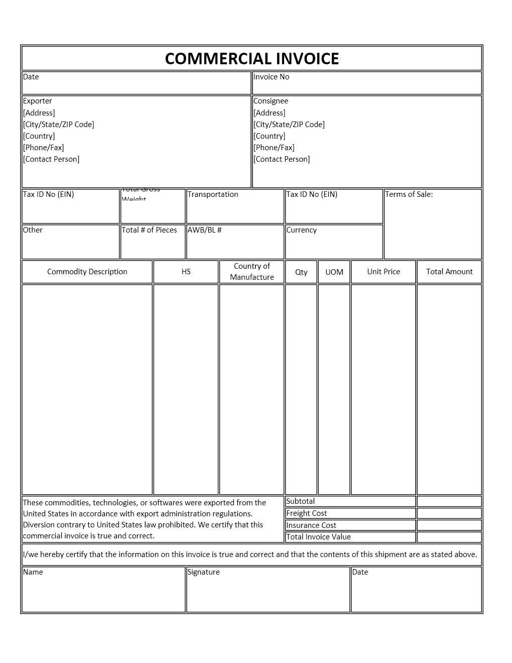 Printable Commercial Invoice Template Printable Forms Free Online