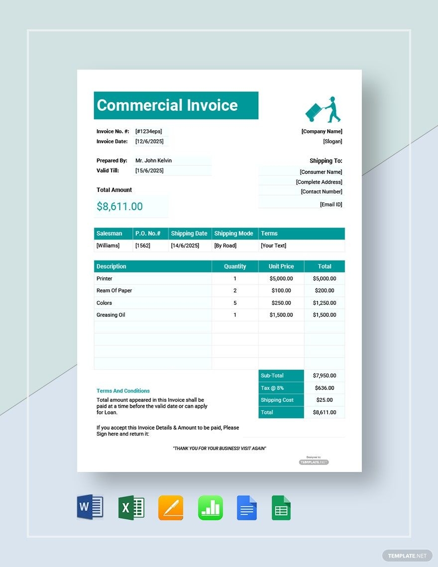 Printable Commercial Invoice Template Printable Forms Free Online