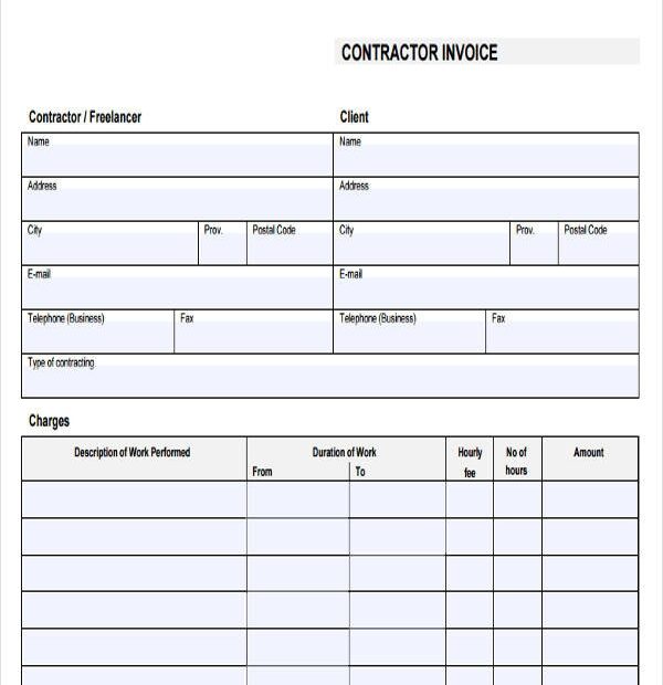 Printable Contractor Invoice Forms Printable Forms Free Online