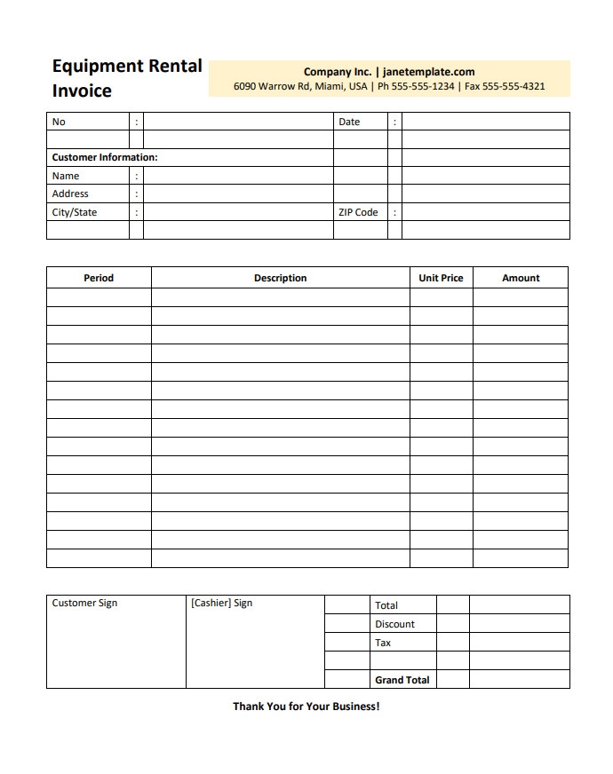 Printable Equipment Rental Invoice Template
