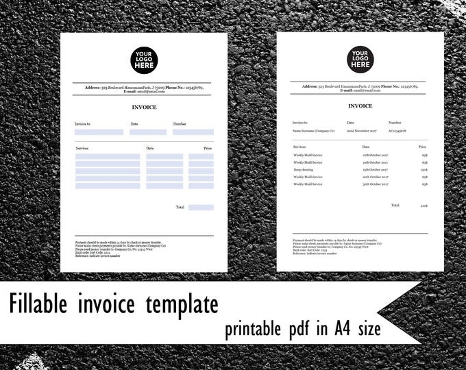 Printable Fillable Invoice Template PDF Invoice In A4 Size Printable 