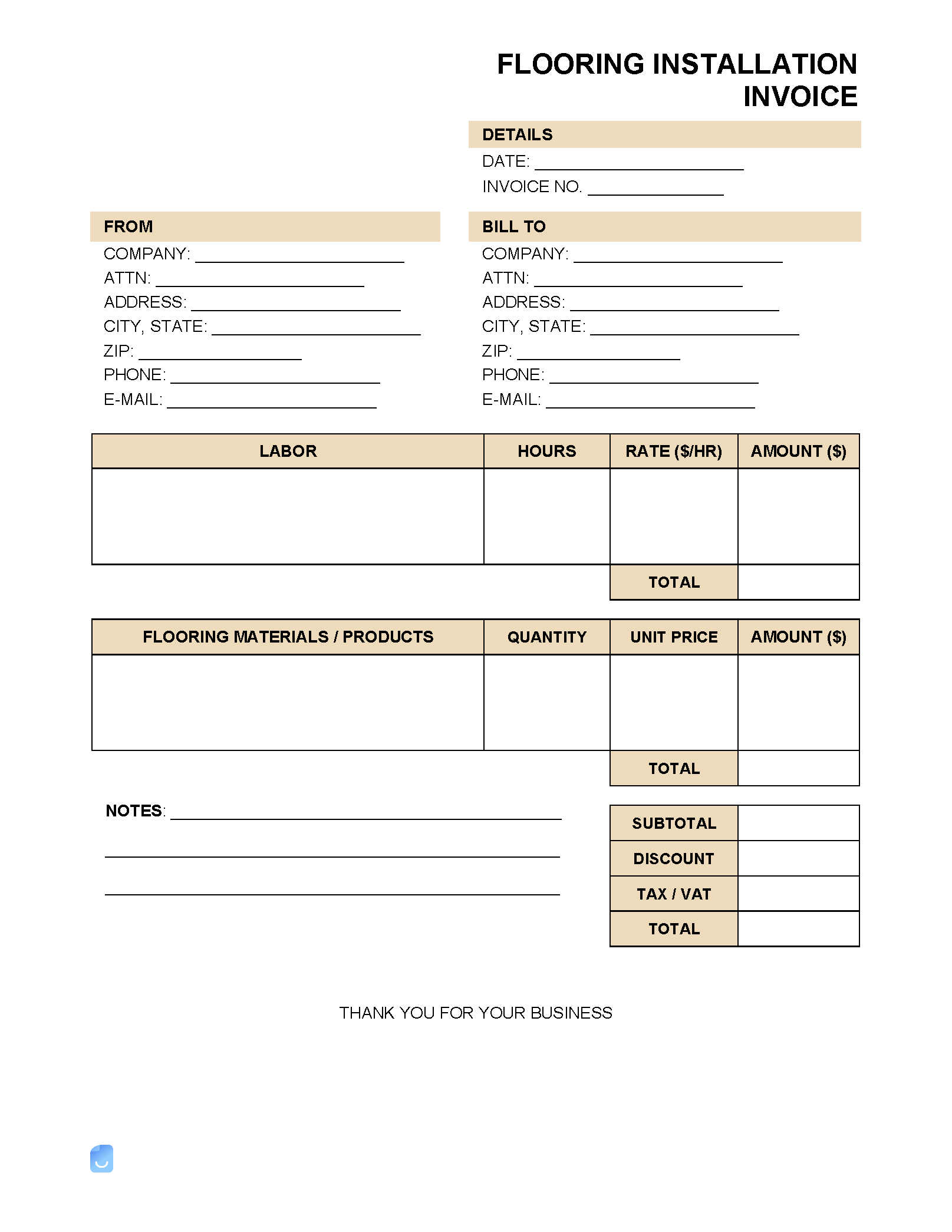Printable Flooring Installation Invoice Template