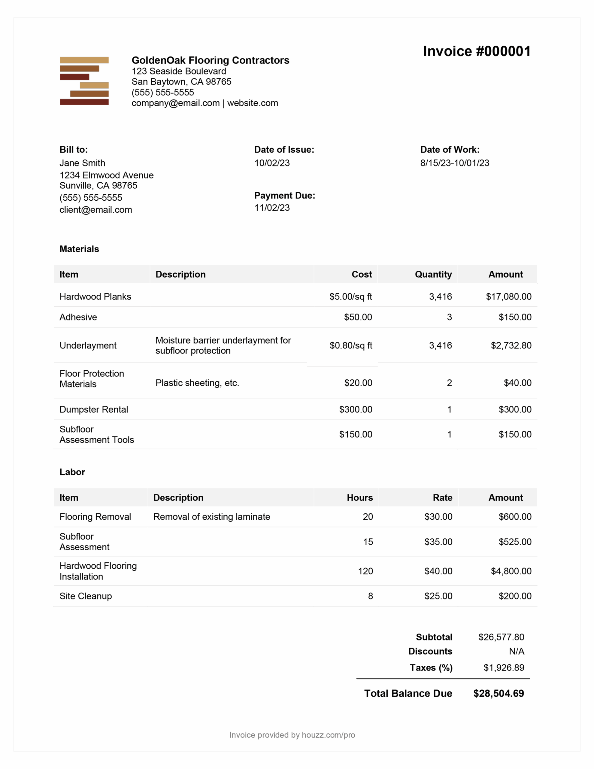 Printable Flooring Installation Invoice Template