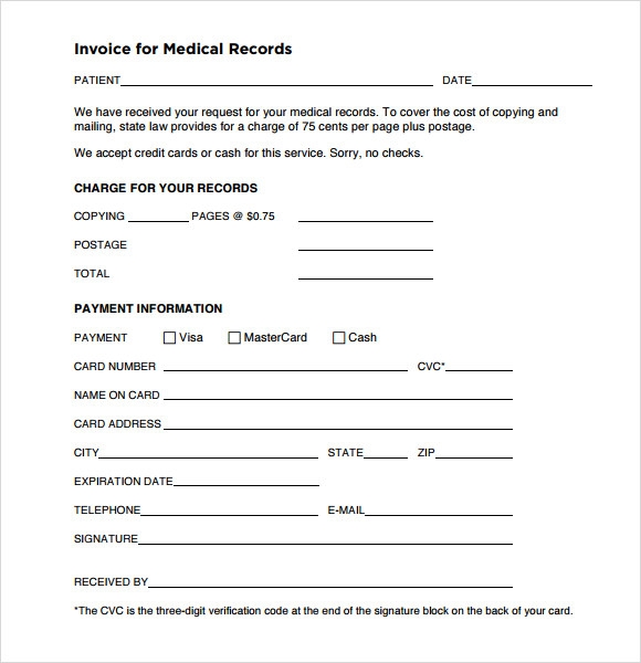 Printable Format Medical Records Fee Invoice Template Printable Templates