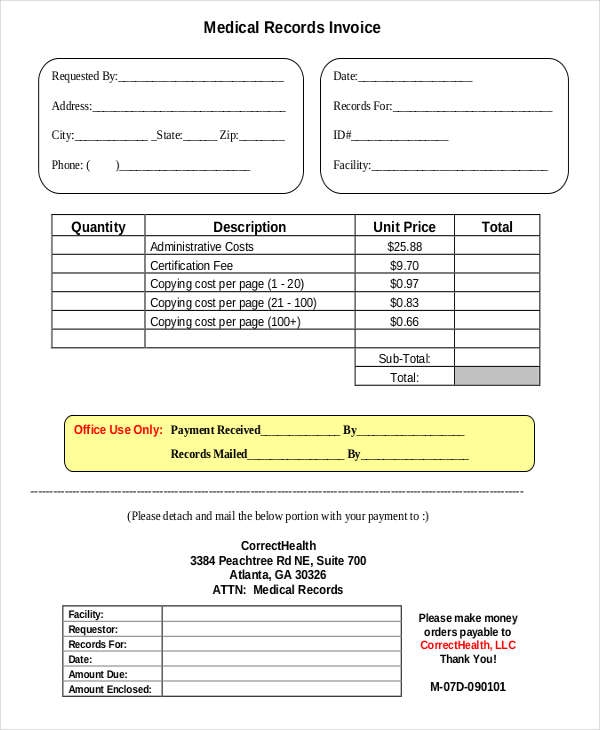 Printable Format Medical Records Fee Invoice Template Printable Templates