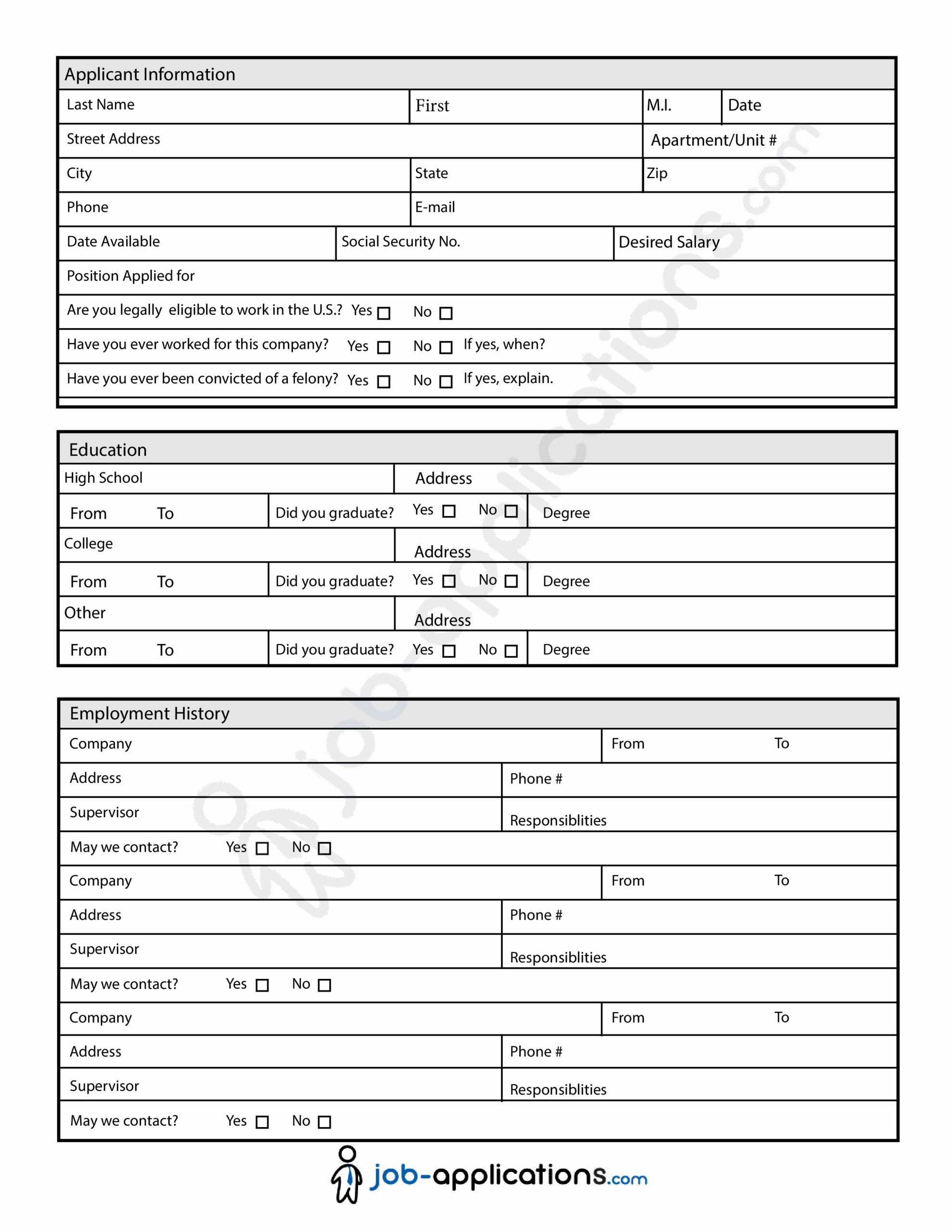 Printable Generic Job Application Template Printable Templates