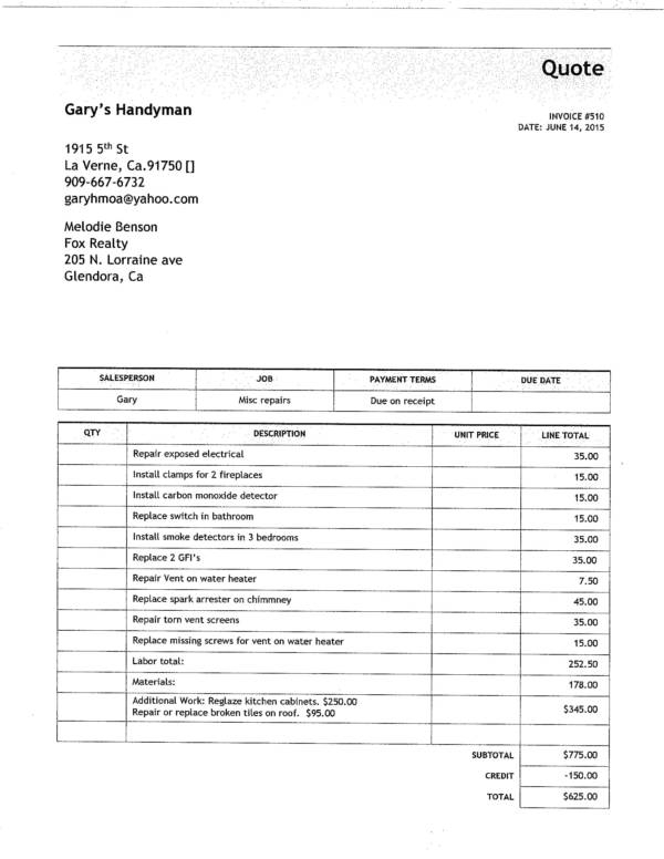 Printable Handyman Invoice Template