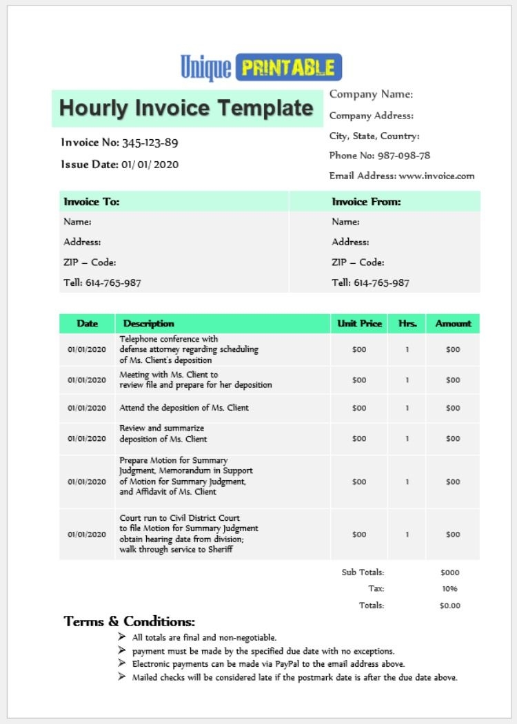 Printable Hourly Invoice Template