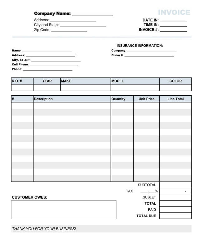 Printable Mechanic Invoice Template